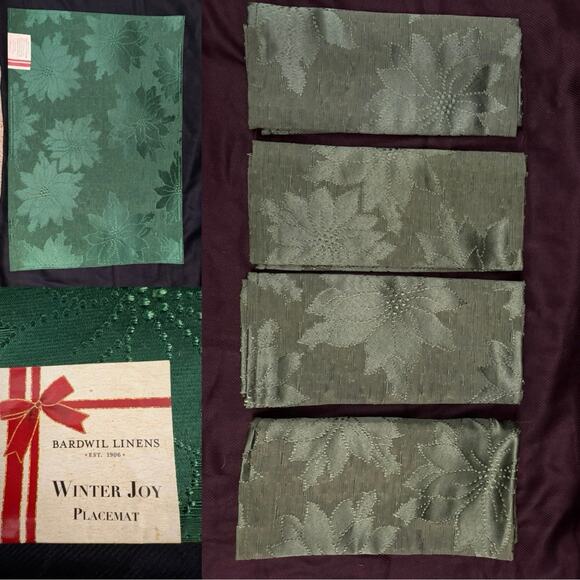 Bardwil Linens Placemats & Napkin Winter Joy Green Damask Poinsettias Christmas - Picture 2 of 9